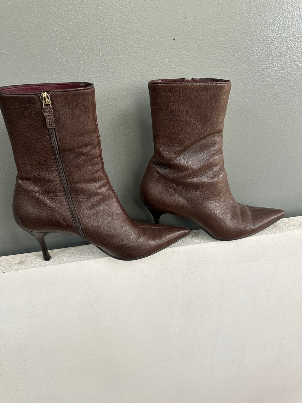Gucci Dark Brown Pointed-Toe Leather Mid-Calf Kitten Heel Boots